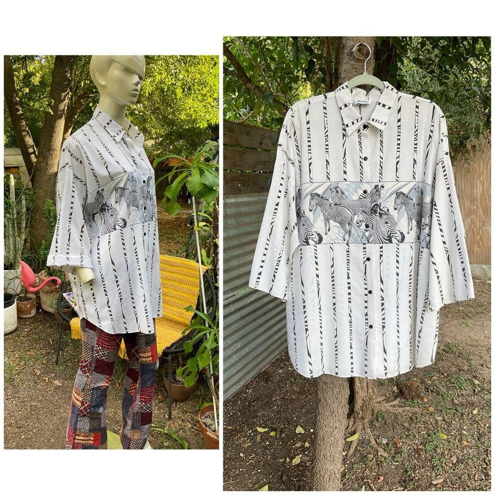 Vintage Oversized Zebra Button Down Shirt Size Large - Picture 2 of 13